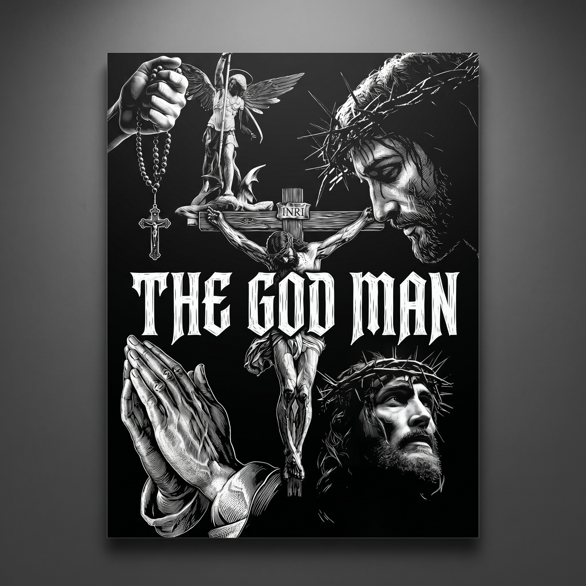 The God Man black-and-white aluminium print on a charcoal wall
