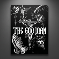 The God Man black-and-white aluminium print on a charcoal wall
