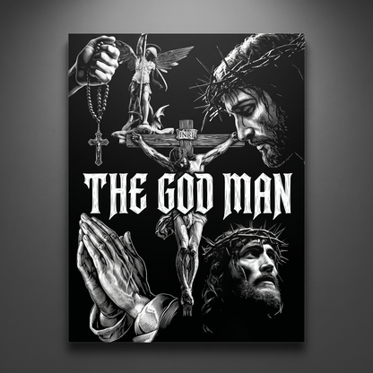 The God Man black-and-white aluminium print on a charcoal wall