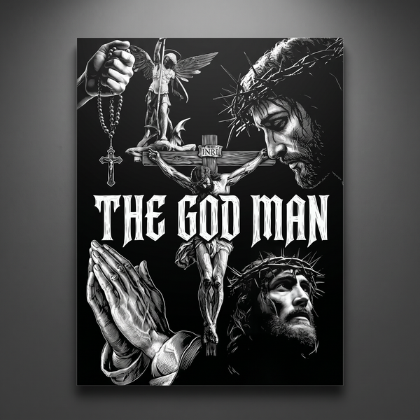 The God Man black-and-white aluminium print on a charcoal wall