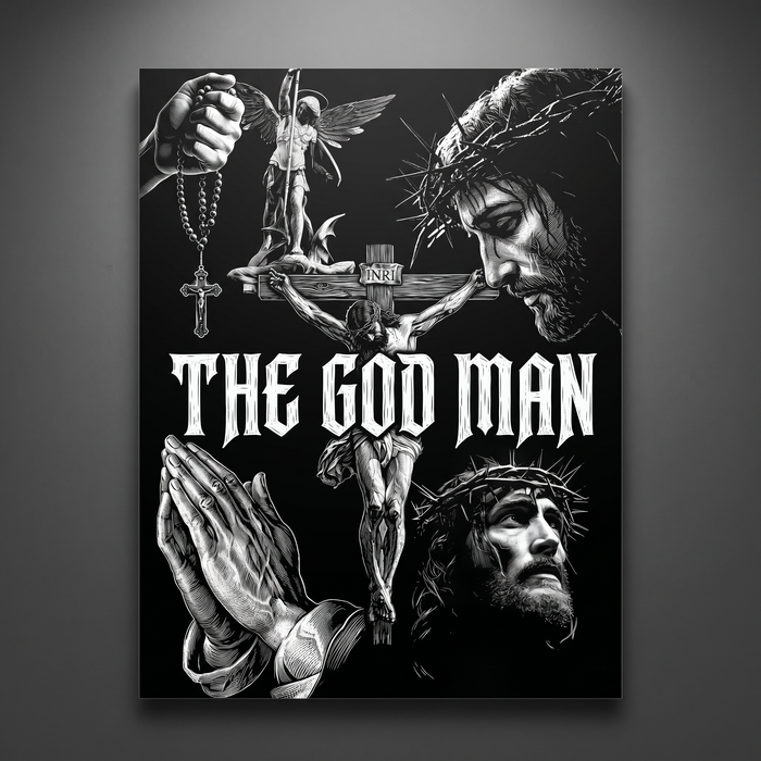 The God Man black-and-white aluminium print on a charcoal wall