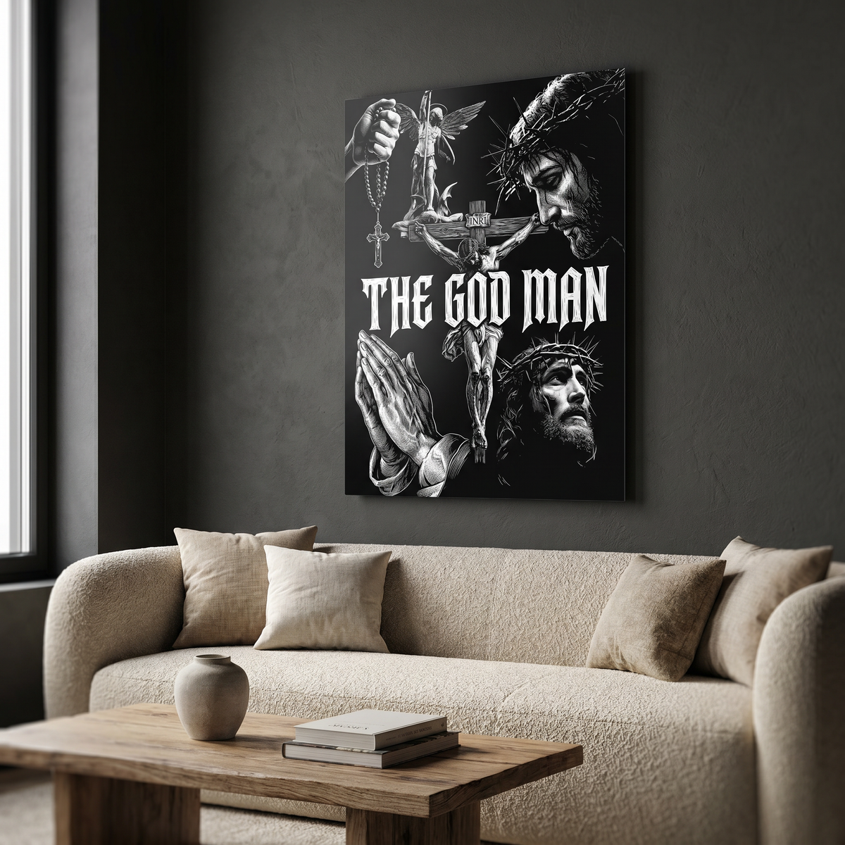 The God Man aluminium print in a modern living room