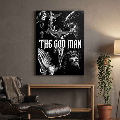 The God Man aluminium print on a living room wall, straight-on view