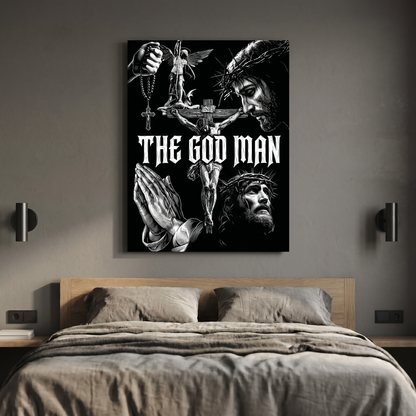 The God Man aluminium print above a bed in a modern bedroom