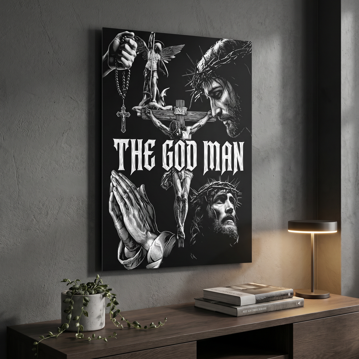 The God Man aluminium print in a home office