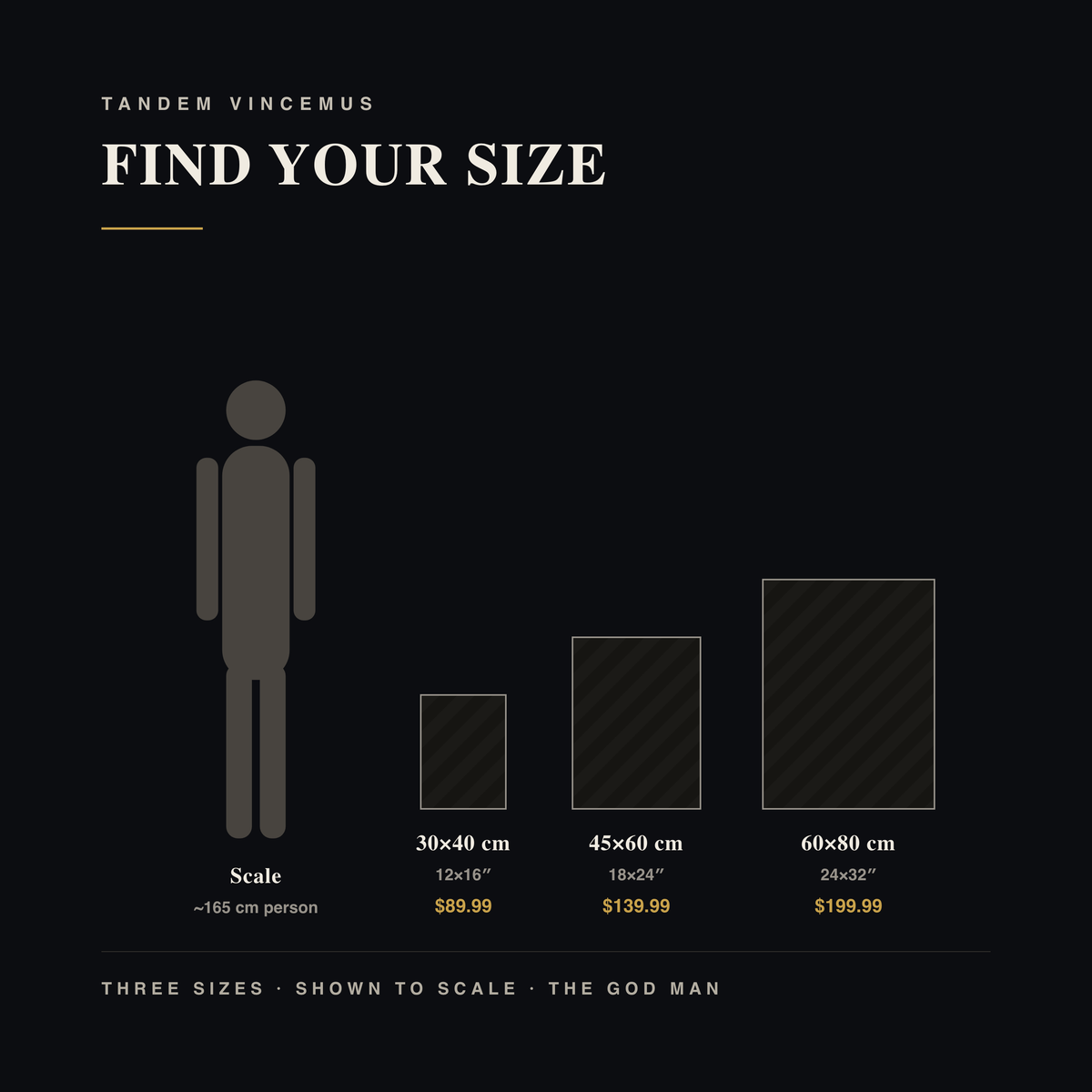 The God Man print size guide with to-scale dimensions